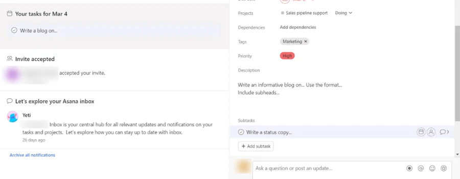 receive notifications in inbox of asana