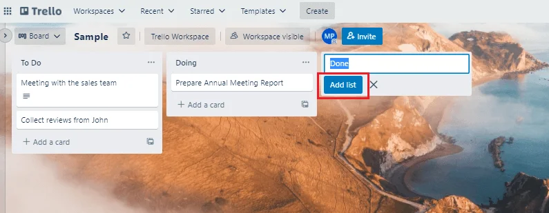 Trello board add list