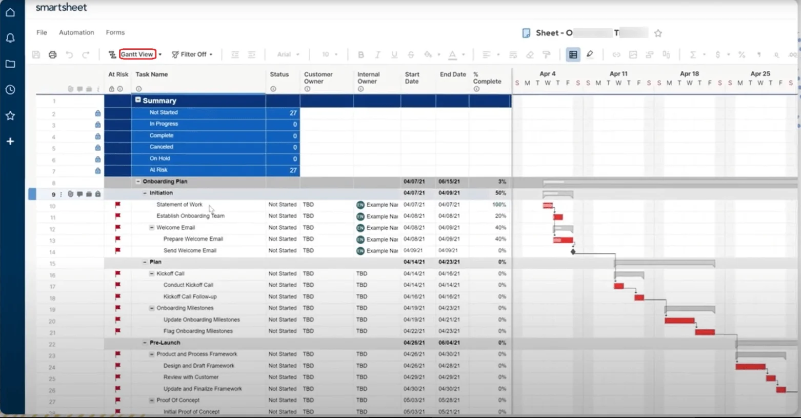 Smartsheet Gantt view