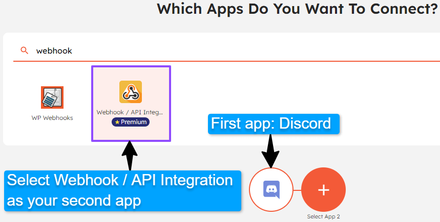 Select apps to connect Discord using Webhook