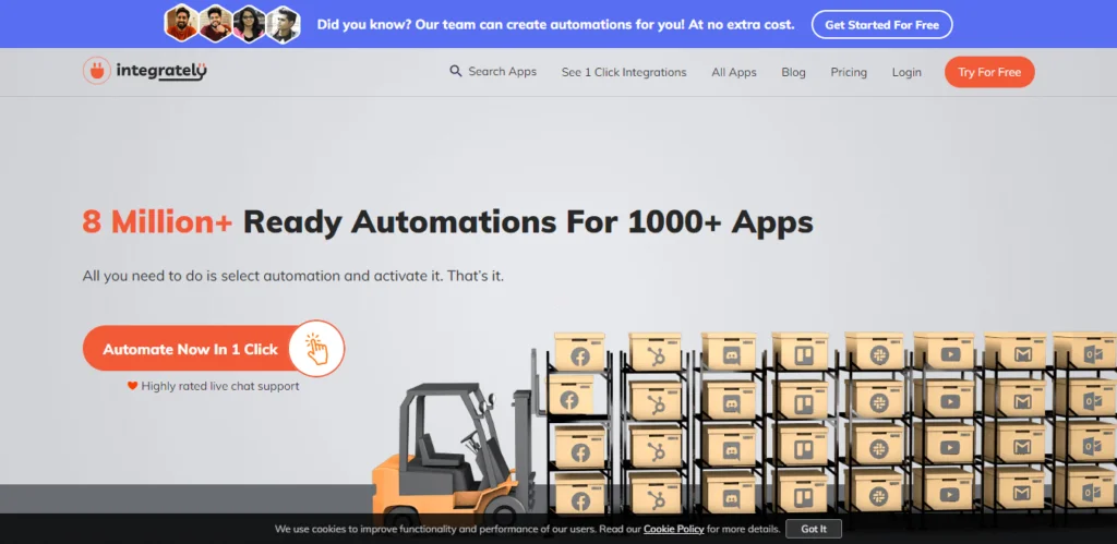 Integrately's landing page displaying the number of ready automation and app count