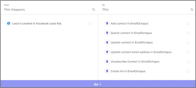 List of triggers and actions to build custom automation for Facebook Lead Ads + EmailOctopus integration