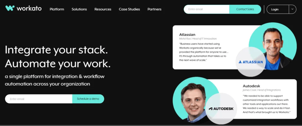 Workato's landing page with user reviews and a schedule demo button