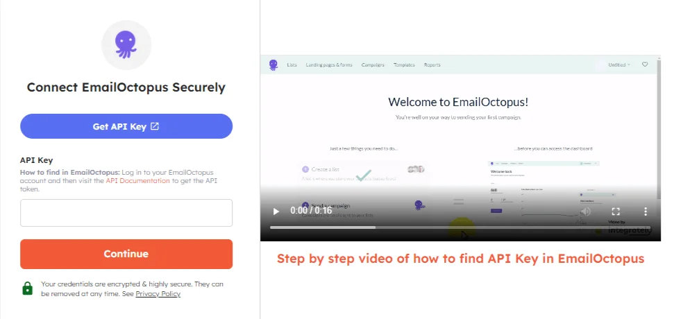 Integrately's EmailOctopus account connection page.