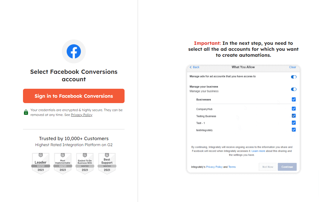 Facebook Conversions Sign-in page.