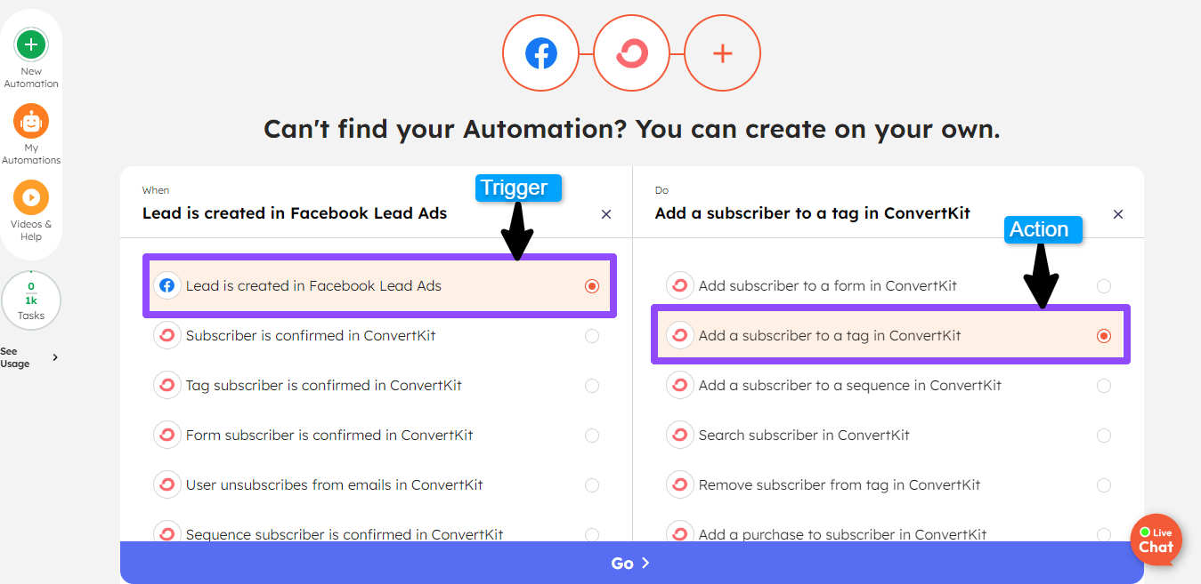 Choose custom trigger and action for Facebook Lead Ads + ConvertKit integration
