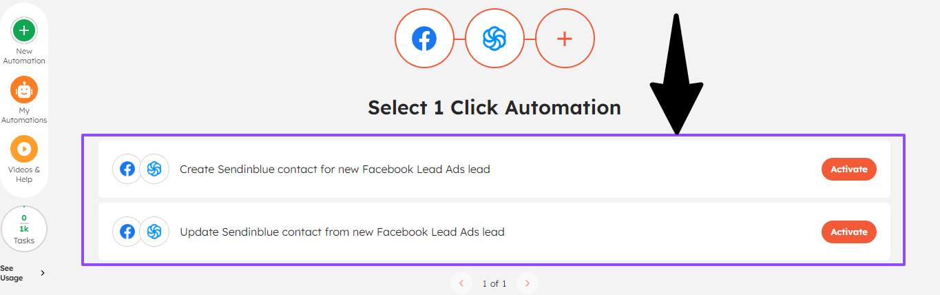 List of popular 1-click automations for Facebook Lead Ads + Sendinblue integration