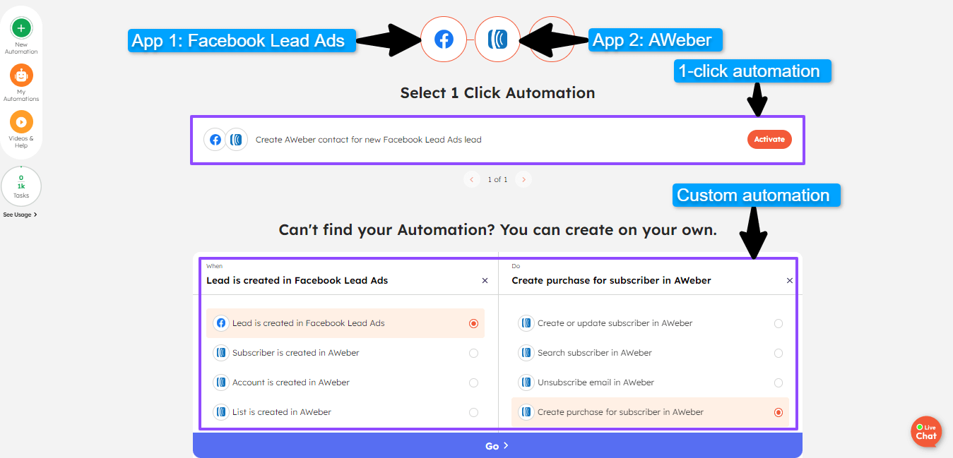 How to connect Facebook Lead Ads + AWeber and set up 1-click automation or build custom automations in Integrately