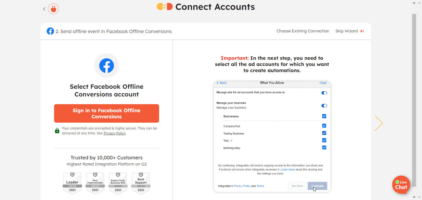 Securely connect your Facebook Offline Conversions account with Integrately
