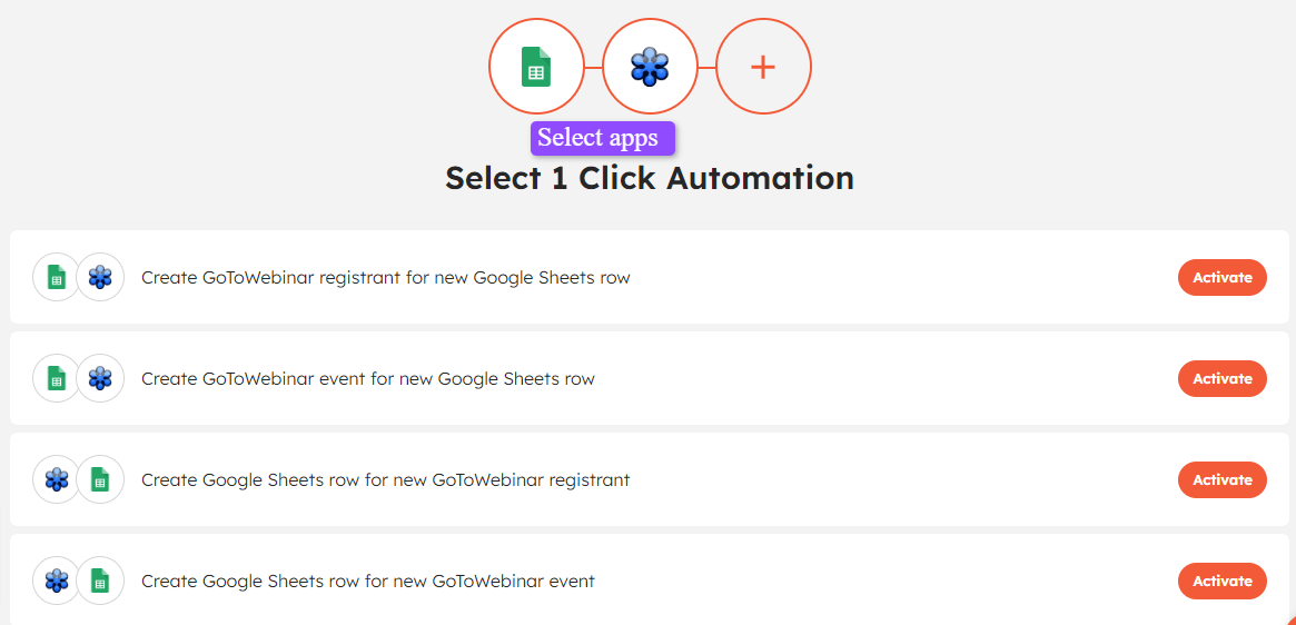 Integrately's app selection and 1-click automation page.