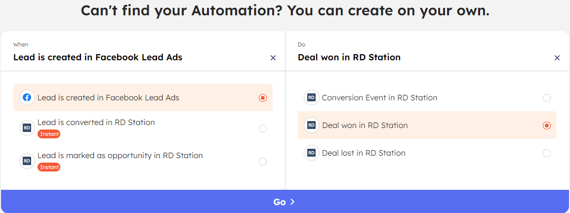 List of triggers and actions to build custom automation for Facebook Lead Ads + RD Station integration