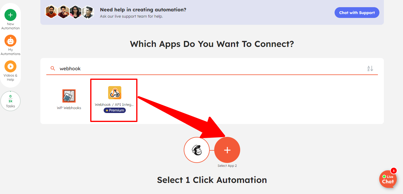Select trigger app and action app for integrating Mailchimp using webhook connection