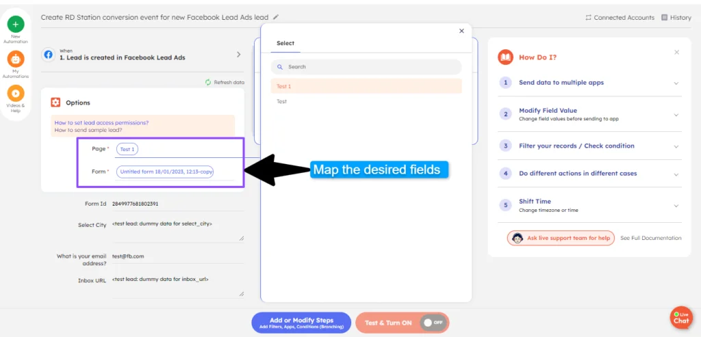 Mapping of fields for Facebook Lead Ads + RD Station integration
