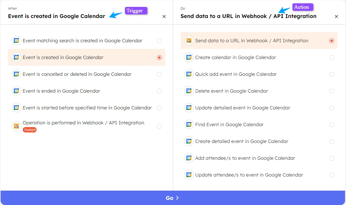 Trigger and Action selection page of Integrately for Google Calendar.