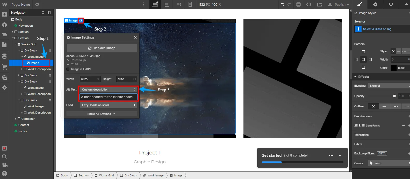 Webflow builder image guiding through the process of adding Alt-Text description.