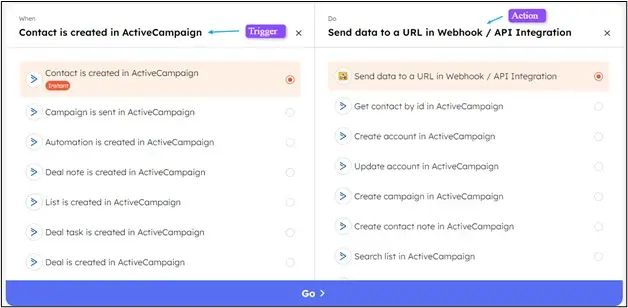 ActiveCampaign and Webhook Trigger and action