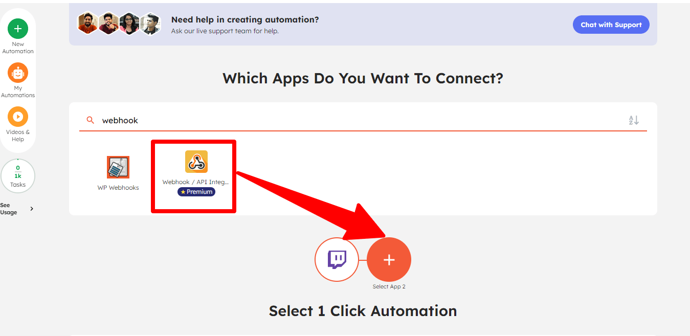 Select trigger app and action app for integrating Twitch using webhook connection