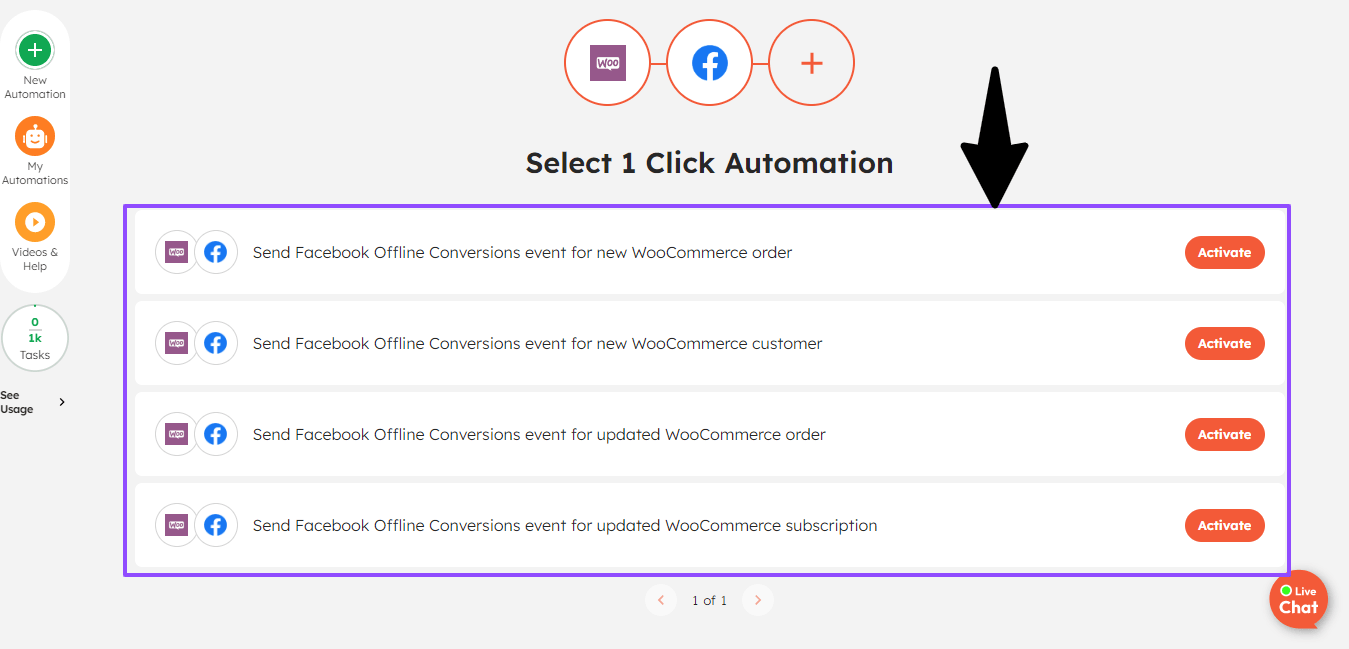 List of popular 1-click automations for WooCommerce + Facebook Offline Conversions integration