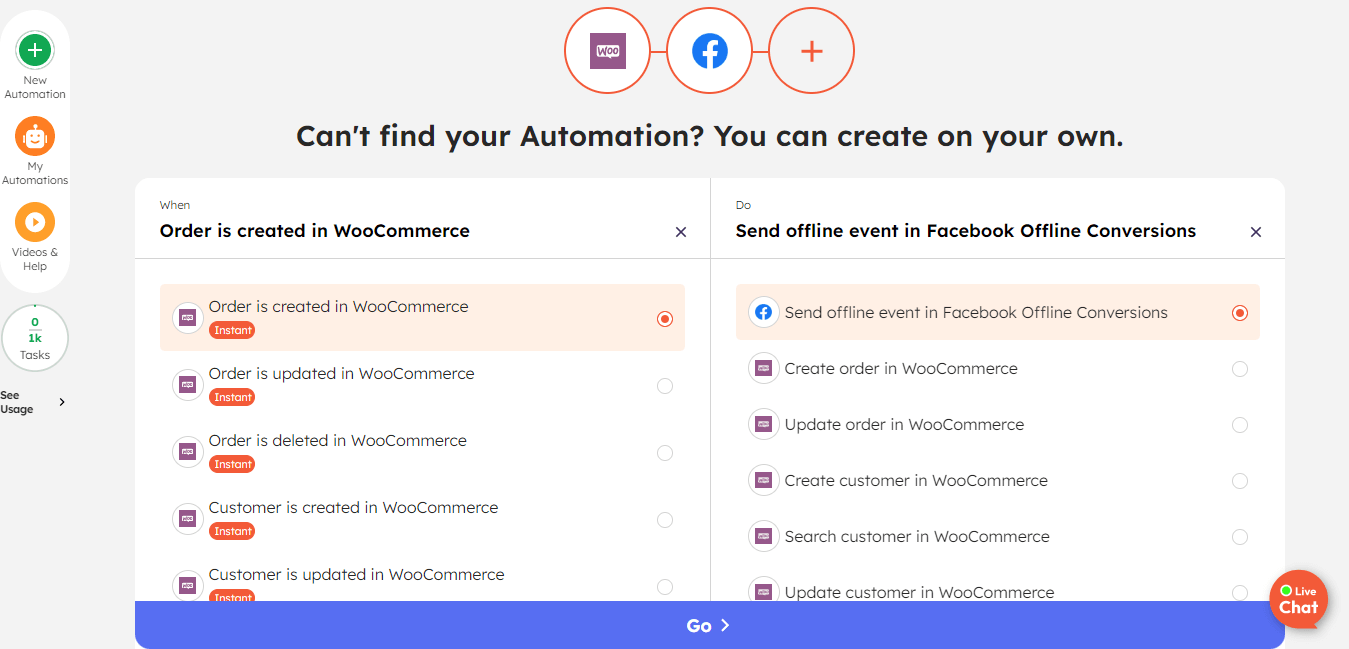 Choose custom trigger and action for WooCommerce + Facebook Offline Conversions integration