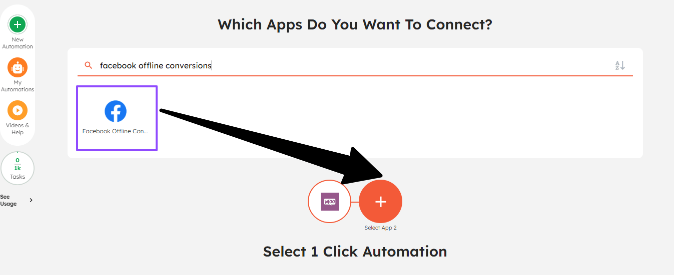 Select your action and trigger app to integrate WooCommerce & Facebook Offline Conversions