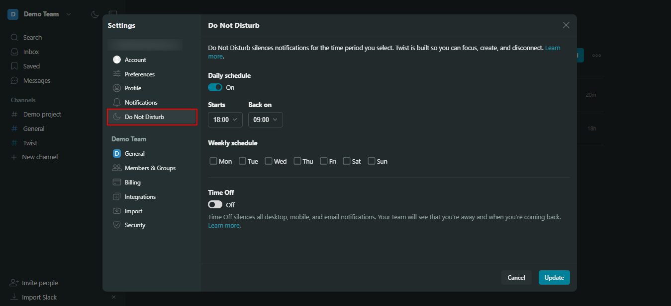 Customize Do Not Disturb (DND) settings in Twist