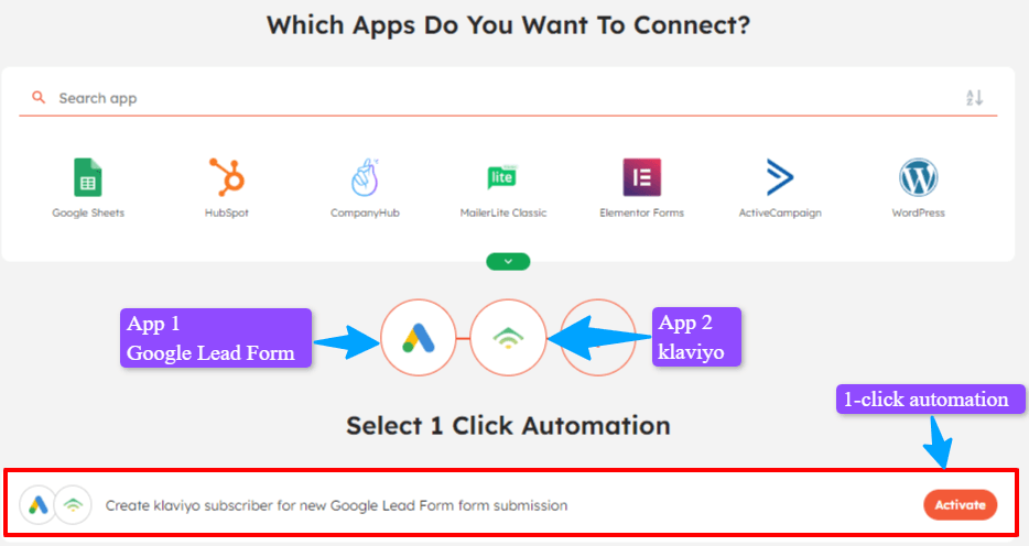 App selection and 1-click automation page of Integrately.