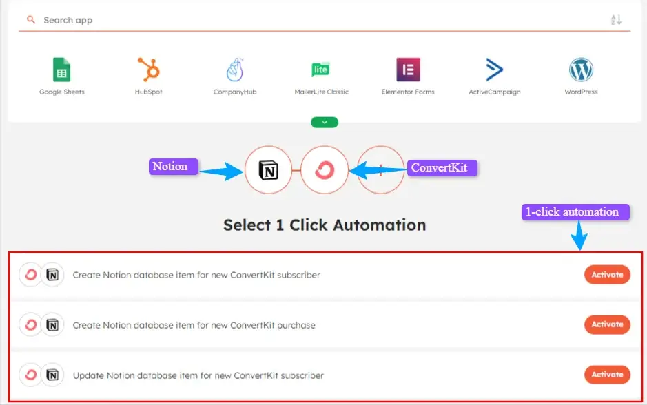 Primary and secondary app selection page of Integrately and 1-click automation selection.