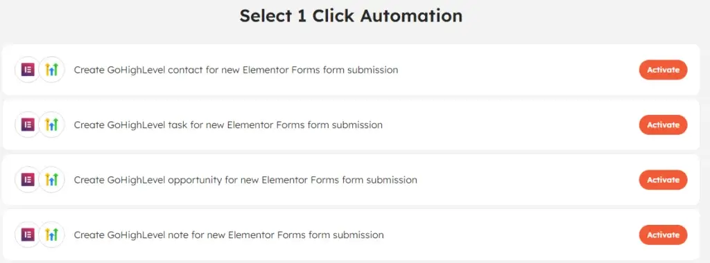 1-click automation page for Elementor Forms + GoHighLevel in Integrately