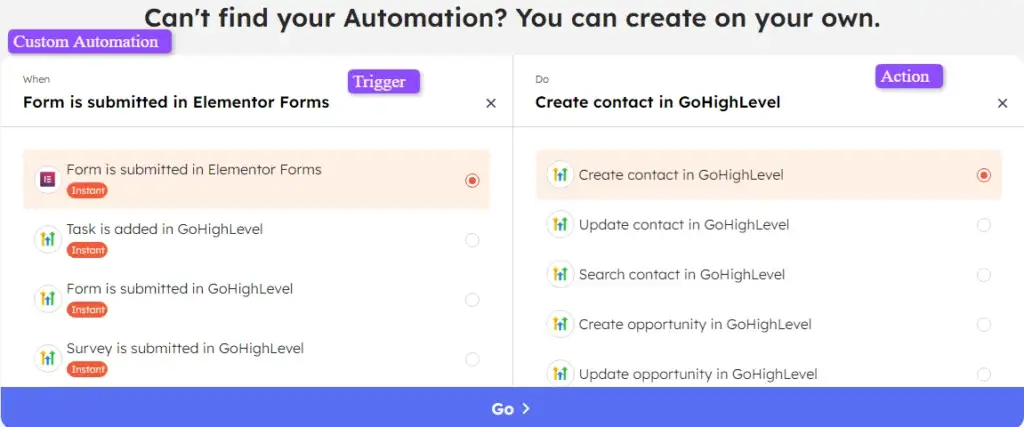 Trigger and Action page for Elementor Forms + GoHighLevel in Integrately