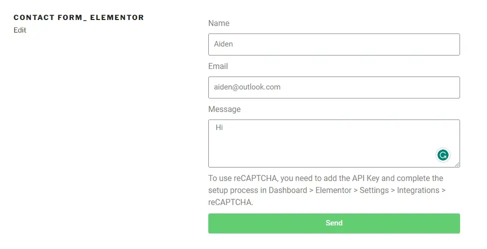 Contact form of Elementor Forms