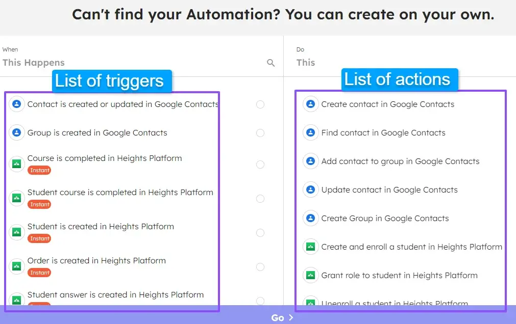 List of triggers and actions for Google Contacts + Heights Platform integration