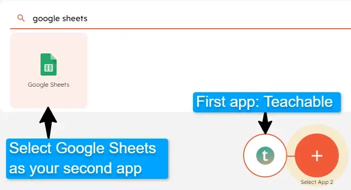 Select Teachable and Google Sheets to connect them in Integrately