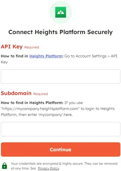 Details required to connect Heights Platform account with Integrately