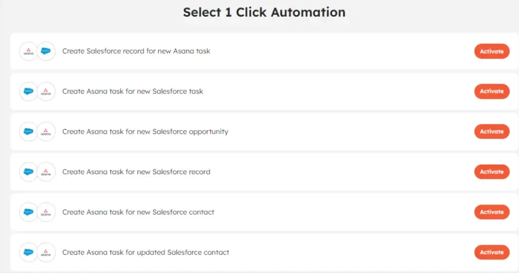 Integrately's 1-click automation page for Asana + Salesforce.
