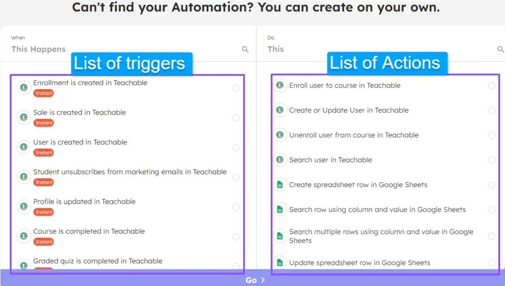 Triggers and Actions to build custom automation for Teachable + Google Sheets integration