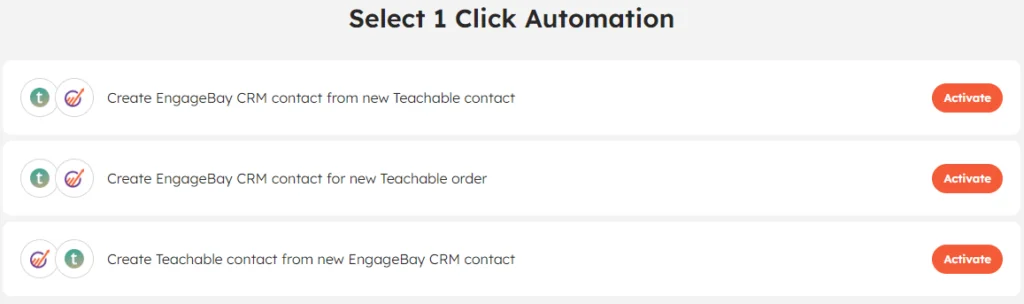 1-click automation page of Teachable + EngageBay CRM in Integrately