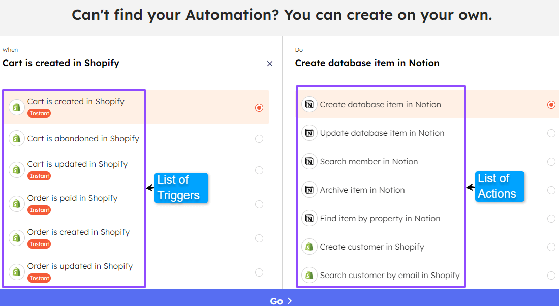 List of triggers and actions to build custom automations for Shopify and Notion integration