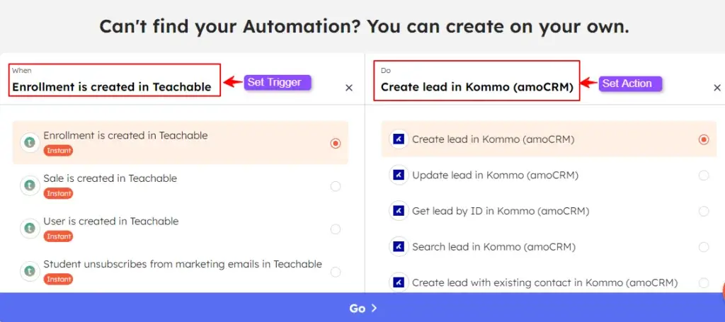 Setting up trigger and action in the Teachable + Kommo (amoCRM) integration