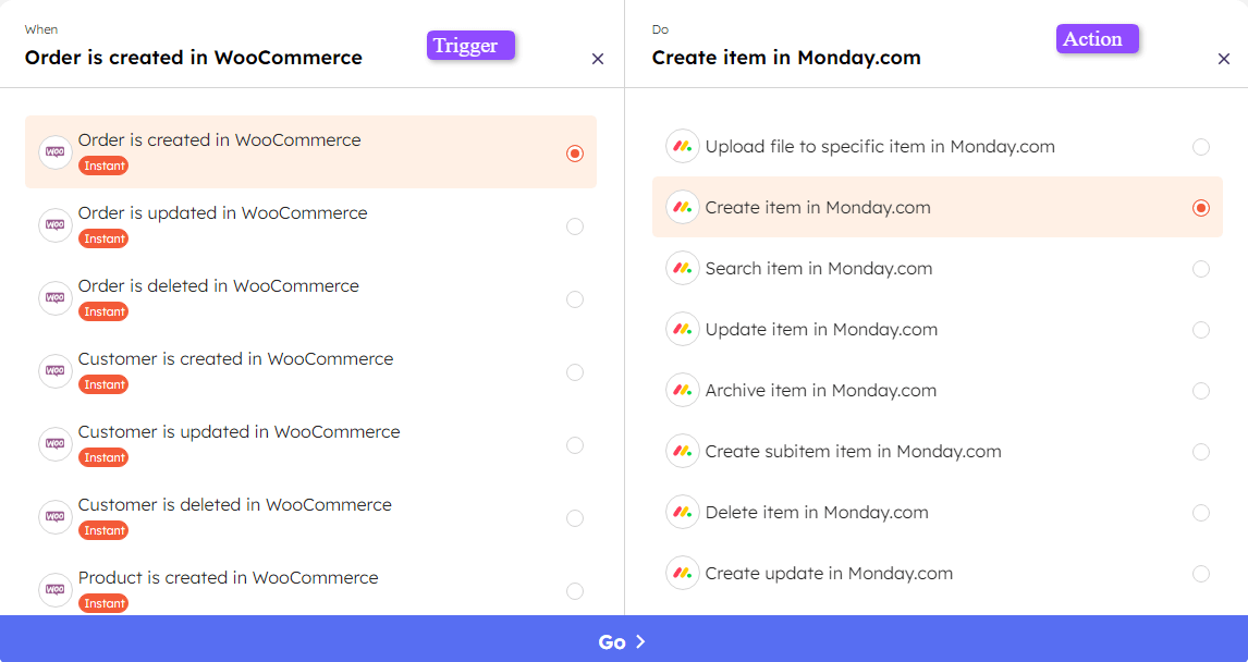 Trigger and Action for WooCommerce + Monday.com in Integrately