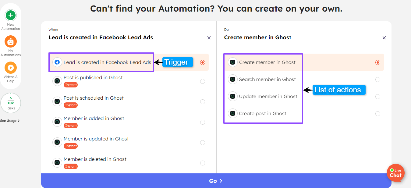Trigger and actions to build custom automation for Facebook Lead Ads and Ghost integration