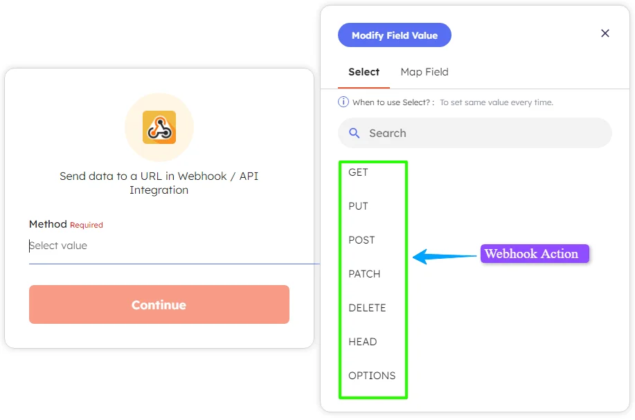 Webhook Action selection page in Intgerately