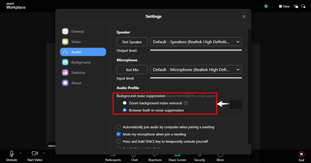 Options to remove background noise in Zoom