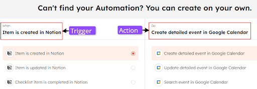 How to select triggers and actions for Notion and Google Calendar integration