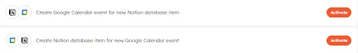 How to select 1-click automation for Notion and Google Calendar integration