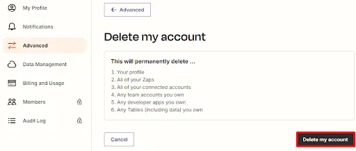 Zapier 'delete my account' page