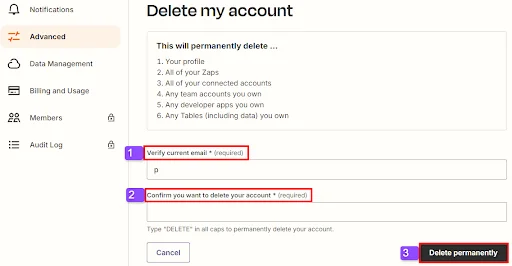 Zapier ' Delete my account' page