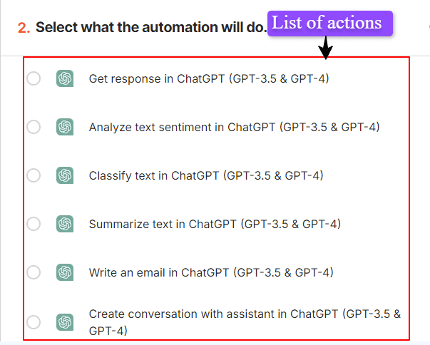 How to select action for ChatGPT and Google Calendar integration