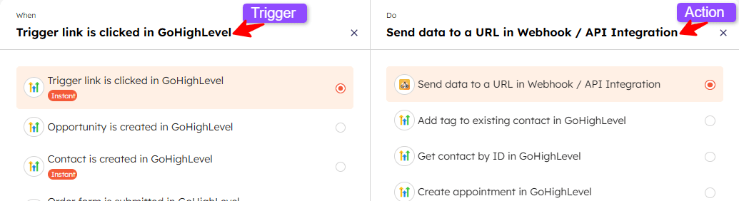 Trigger and action for GoHighLevel-Webhook URL
