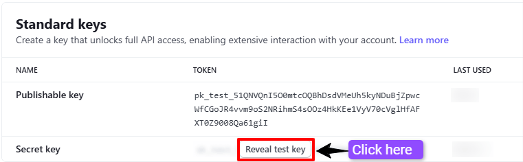 How to reveal secret test key in Stripe  