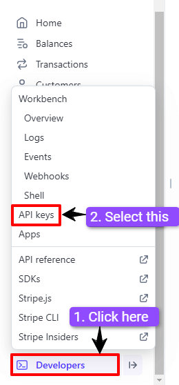 Stripe settings to get API keys  